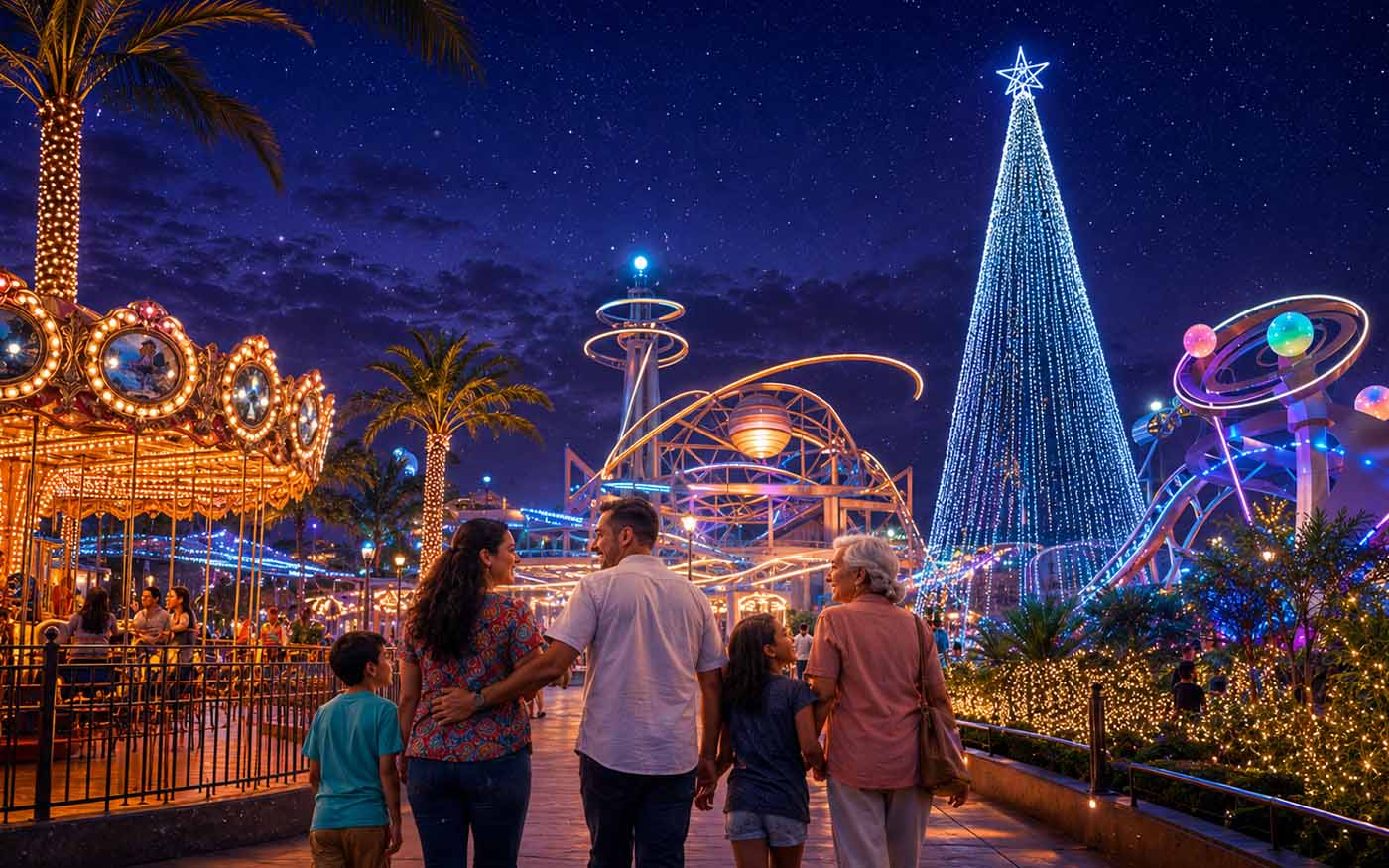 Familia caminando de noche por el Parque de la Magia entre el carrusel, las atracciones y el gran árbol de luces.