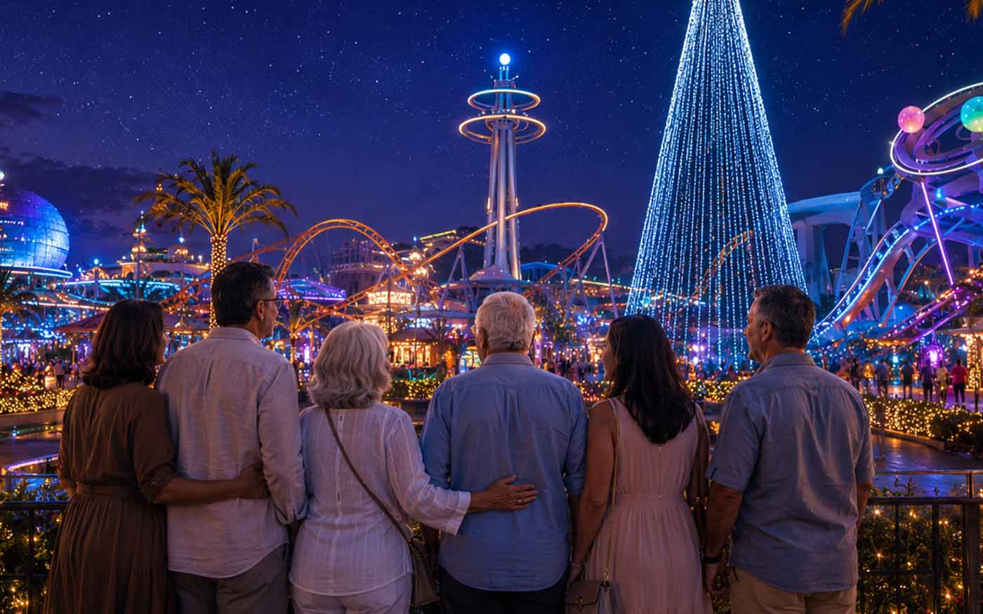 La familia contempla el parque iluminado de noche: el gran árbol de luces y las atracciones bajo el cielo estrellado.