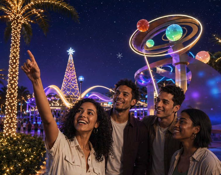 Cuatro amigos disfrutan las luces del Parque de la Magia de noche, junto al árbol de Navidad y la escultura de la galaxia.