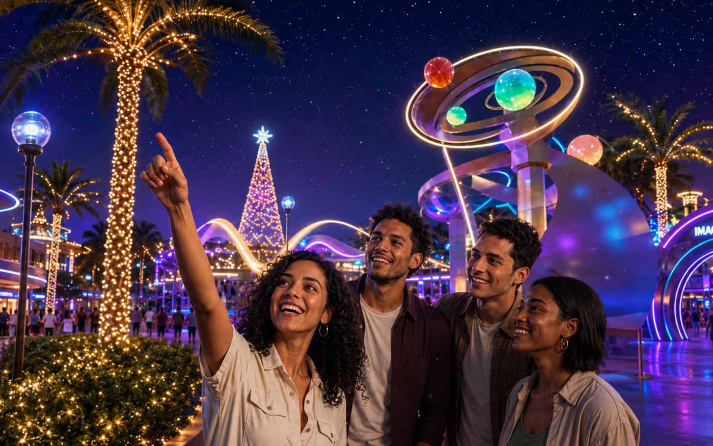 Amigos señalando las luces del parque: palmas iluminadas, el árbol y la escultura de la galaxia.