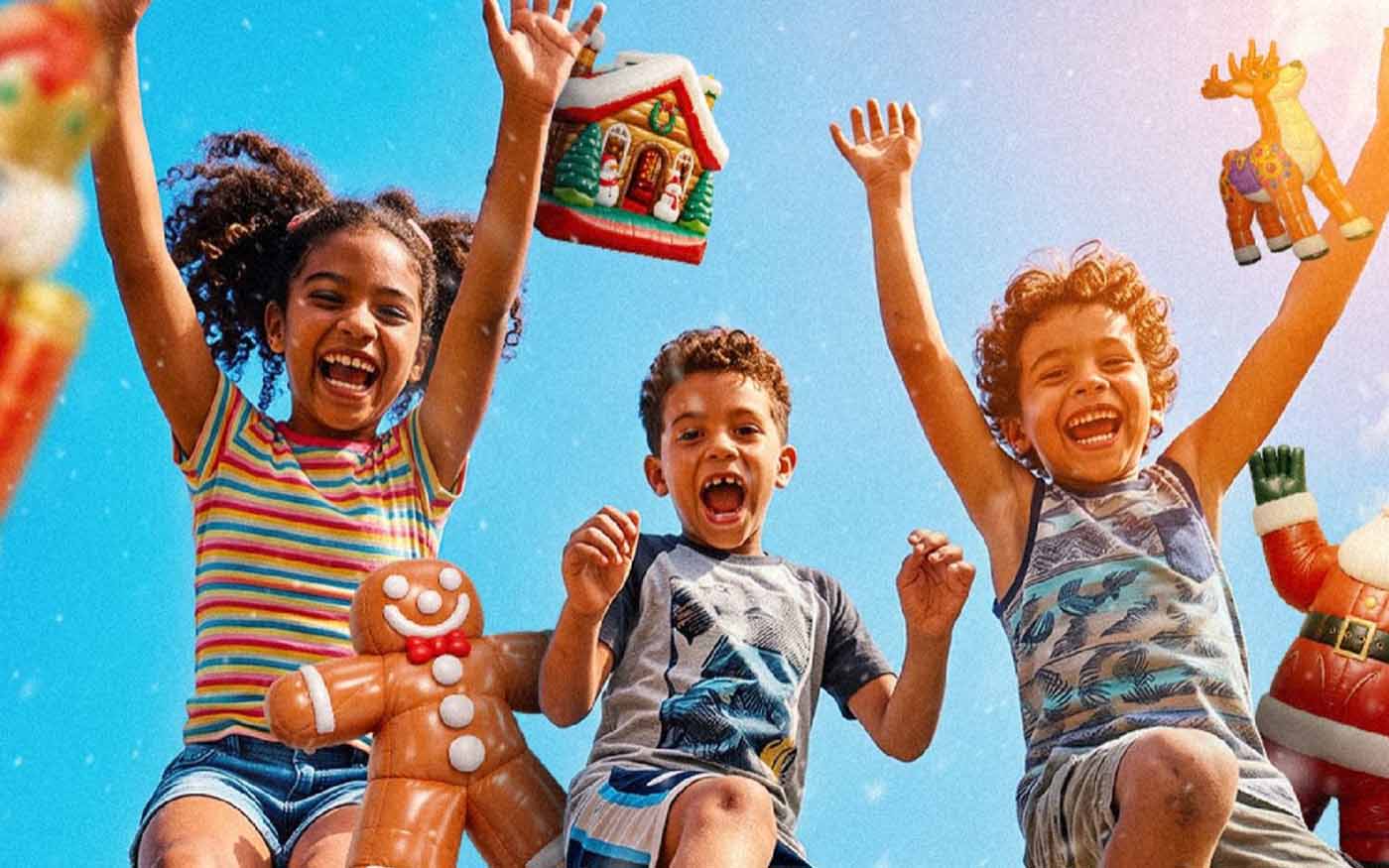 Niños saltando de alegría con inflables navideños gigantes en el Parque de la Magia.