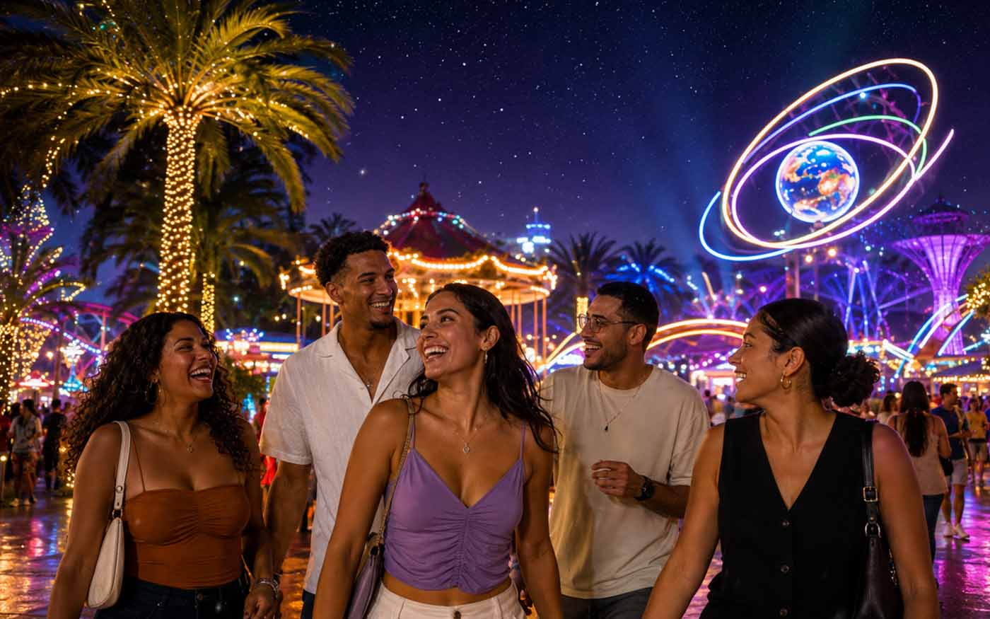 Amigos disfrutando la noche en el parque, con el carrusel y la proyección del planeta iluminado de fondo.