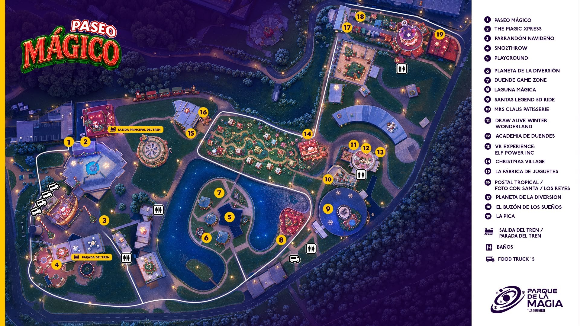 Mapa ilustrado del Parque de la Magia con el Paseo Mágico y las paradas numeradas alrededor de la laguna.